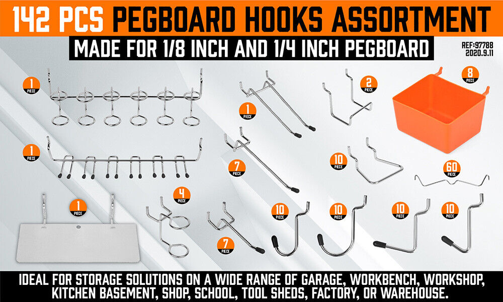 142Pc Pegboard Hooks Set Peg board Hanger Assortment Storage Trays Organizer Bin โ image 2