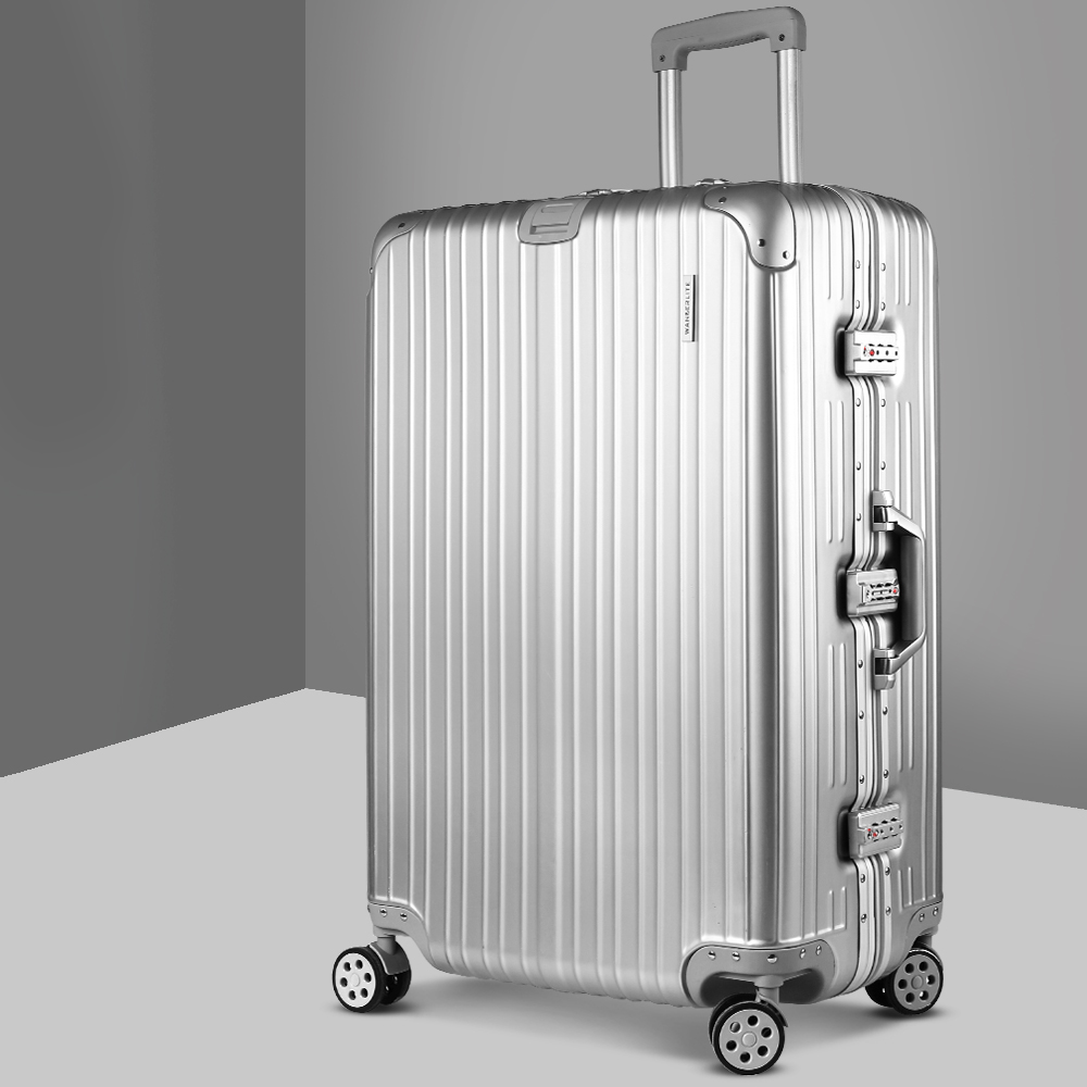 Wanderlite 28 Inch Luggage with TSA Lock Stainless Steel Wrapped Corners Hard Shell Travel Suitcase Luggage Case Silver