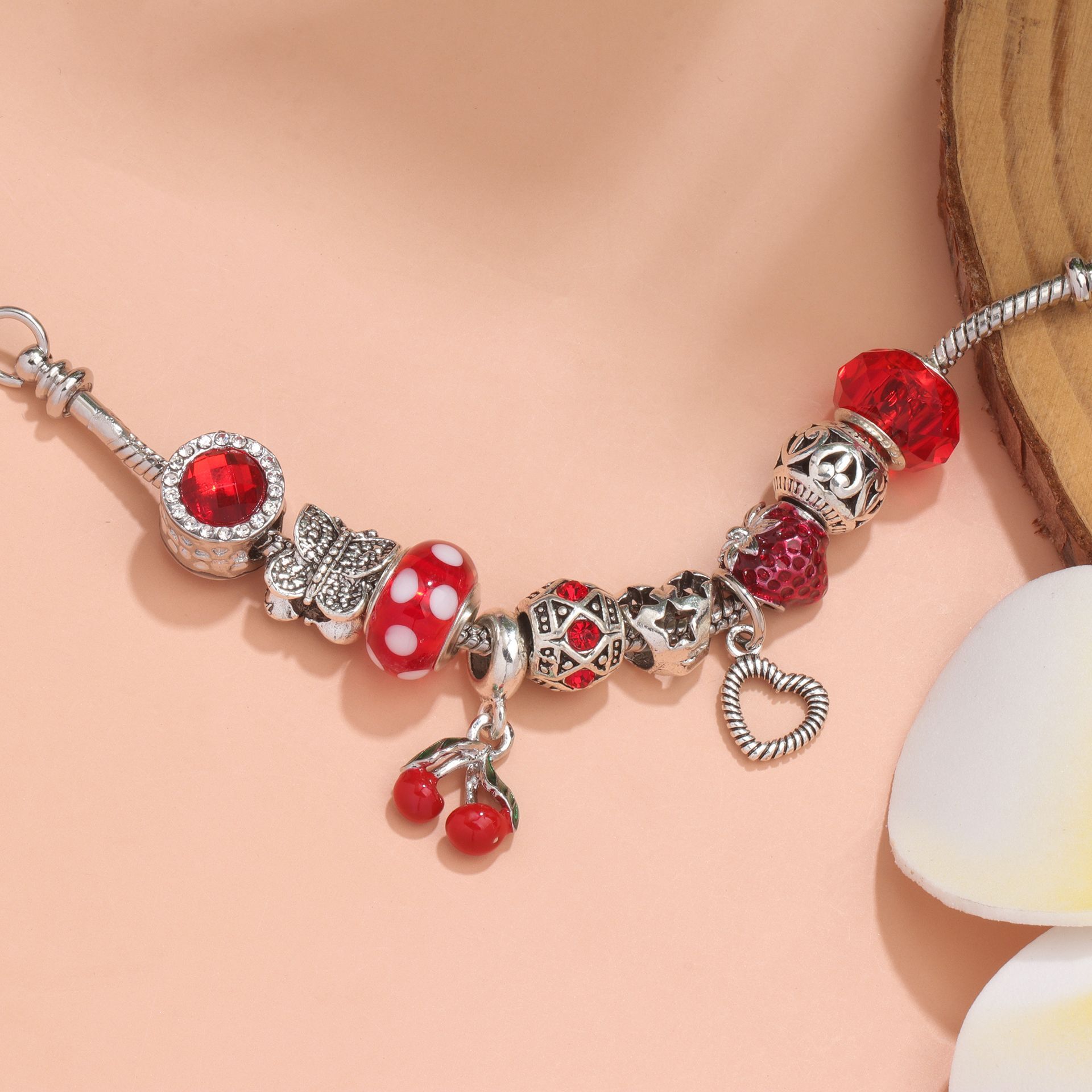 Charm Bracelet with Butterfly & Crystal Heart, Zinc Alloy(red,16cm) — image 4