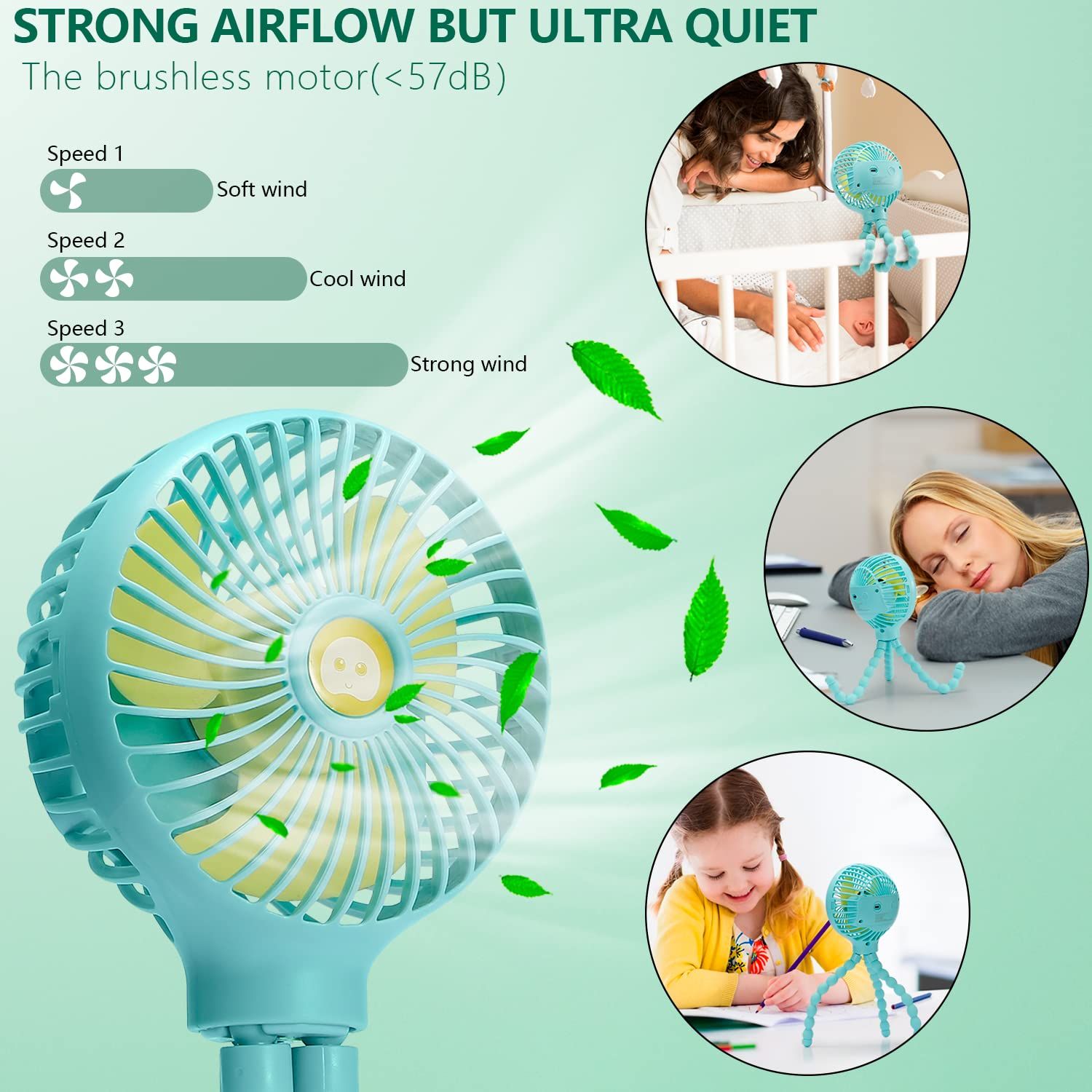 Mini Handheld Personal Portable Fan, Baby Stroller Fan, Car Seat Fan, USB or Battery Powered, with Flexible Tripod Clip — image 5