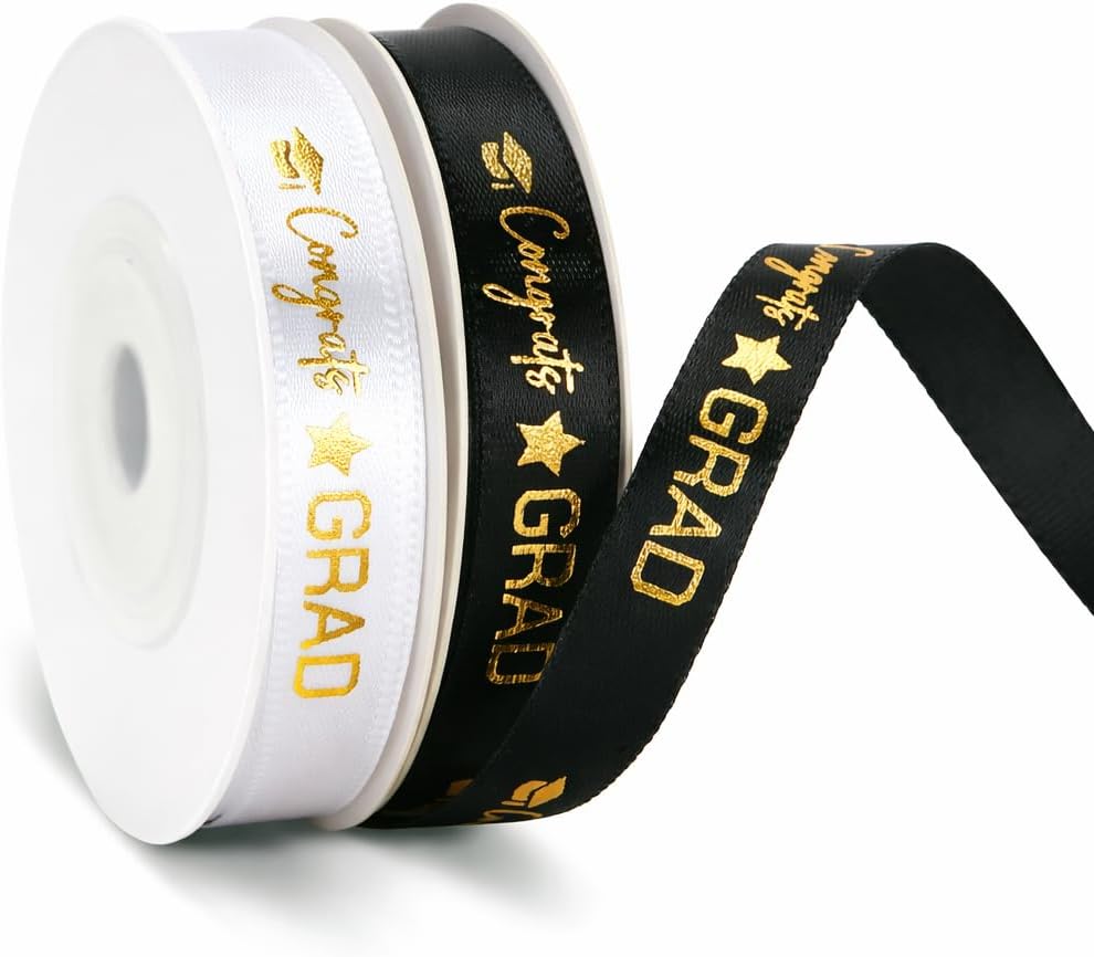 2 Rolls 2026 Graduation Ribbon - 3/8'' x 20 Yards Congrats Grad Gold Satin Ribbon for Gift Wrapping Class of 2026 Graduation Party Decorations DIY Crafts Black