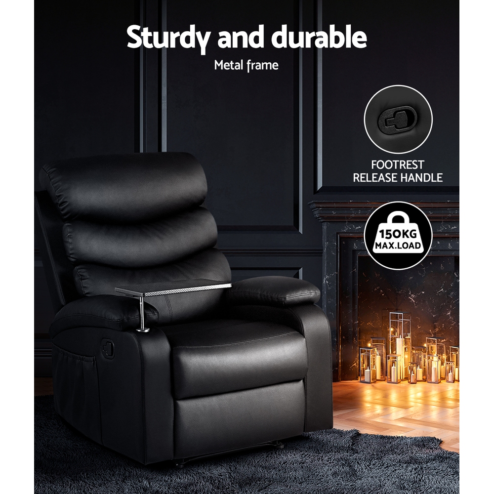 Artiss Recliner Chair Leather Black Tray Table Erika — image 5