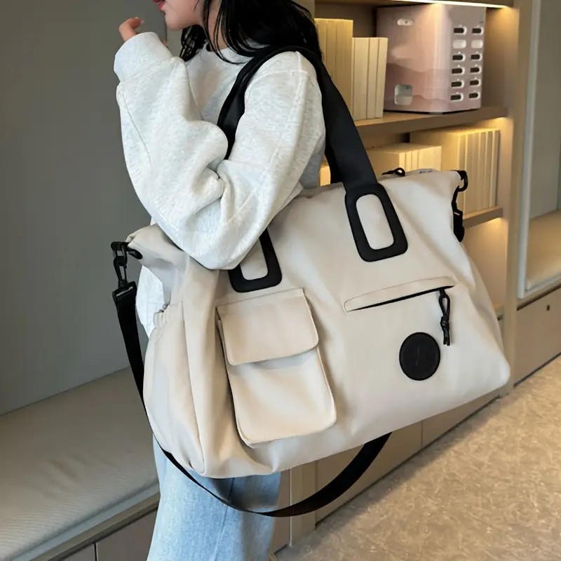 White Large-capacity travel tote bag, lightweight carry-on luggage with shoulder strap, gym bag, portable laptop bag, ideal for short trips, hand-carry style
