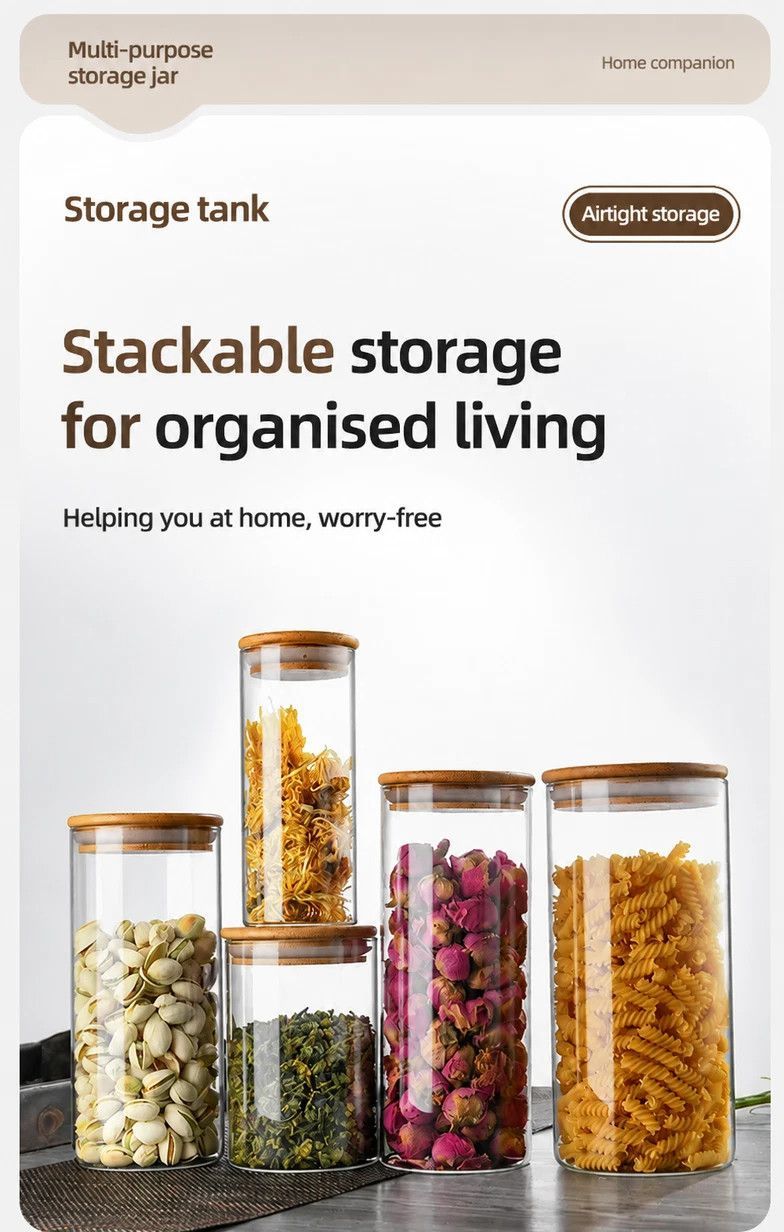 Clear Moisture Proof Glass Storage Jar, Food Safe Canister With Bamboo Cover, 10cm*18cm, 1250ml — image 4