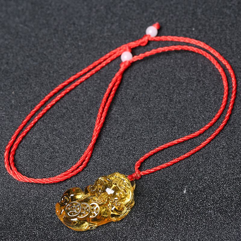 Glass Citrine Pixiu Pendant Necklace Citrine three-money brave pendant (red rope)