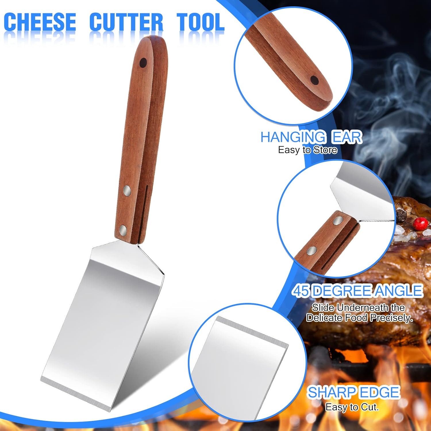 3 Pieces Stainless Steel Cooking Spatula Set Flat Top Metal Spatula Stainless Steel Wire Cheese Cutter Tool Slotted Spatula with Wooden Handle for Grilling — image 4