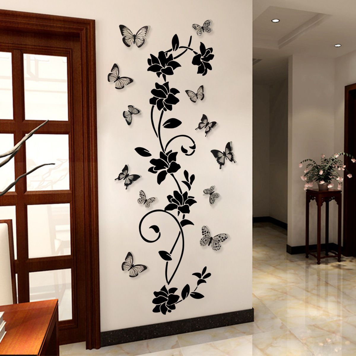 Black Acrylic Mirror Wall Sticker, Flower Vine Decorative Sticker for Home Living Room Bedroom Decor, Wall Sticky Decoration — image 4