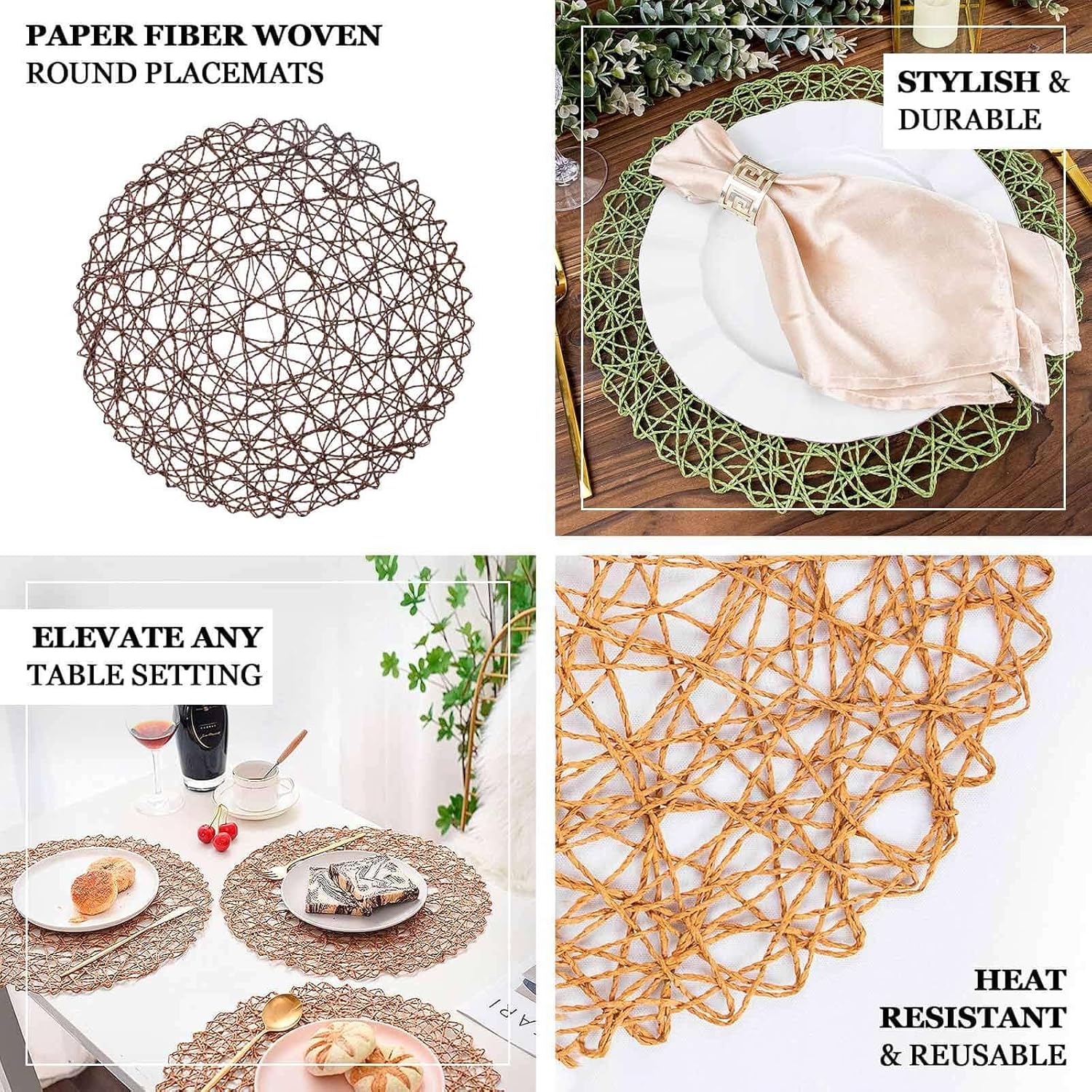 Efavormart 6 Pack 15" Natural Metallic String Round Placemats for Wedding Events Birthday Party — image 4
