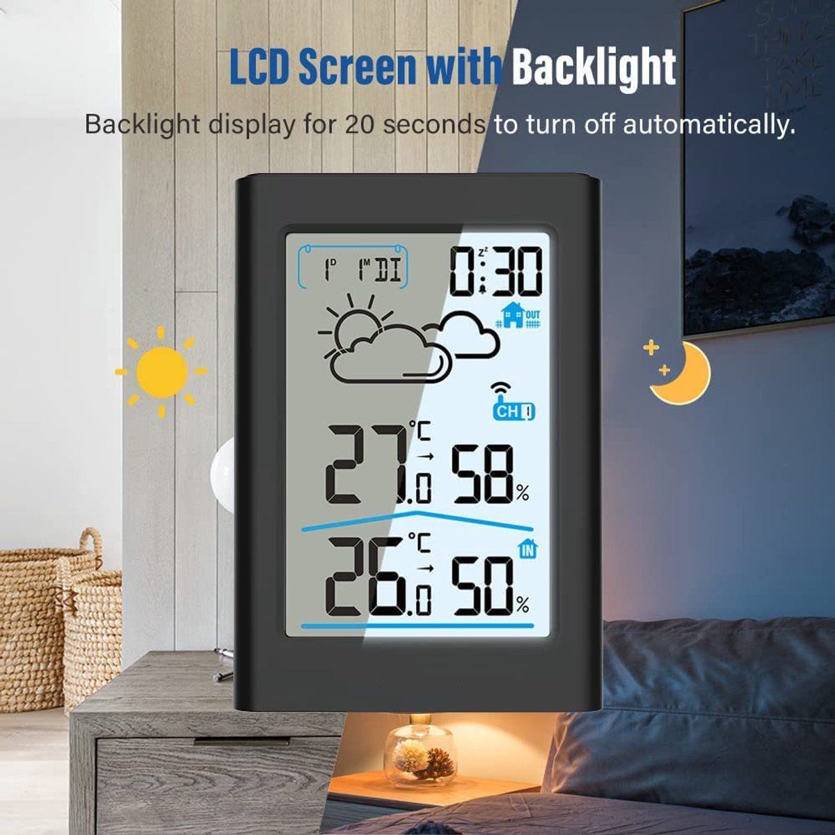 Wireless Indoor Outdoor Weather Station With Outdoor Sensor Thermometer Hygrometer Forecast Clock Alarm For Home School Patio Black, 100 m — image 4