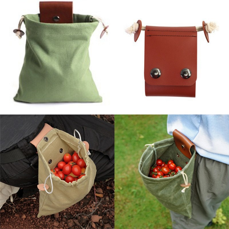 Collection bag - outdoor fruit picking bag - waxed canvas collection bag - foldable leather waist bag with drawstring - multifunctional picking bag for โ image 3