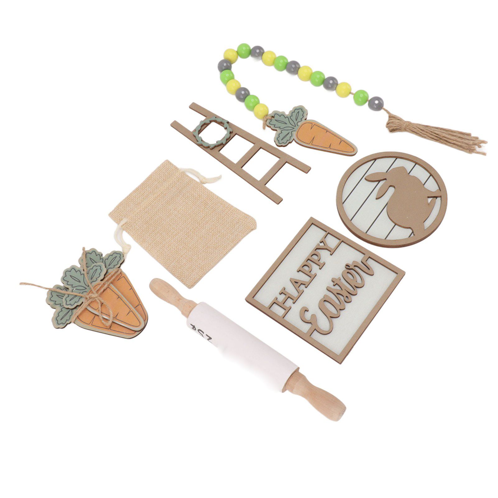 Easter Tiered Tray Decor Bunny Carrot String Bead Rolling Pin Ladder Wooden Easter Tray Decoration — image 3