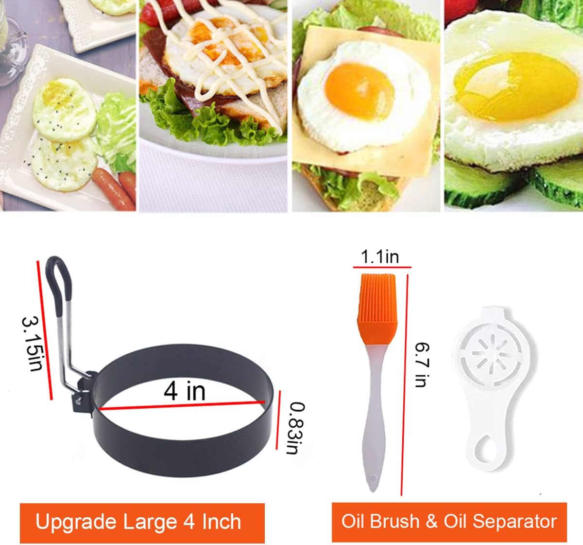 Egg Ring, 4 Packs Upgrade Large 4" Stainless Steel Non-stick Rings for Griddle Frying, Round Cooker for Pancakes, Muffins With Oil Brush and Separator — image 6