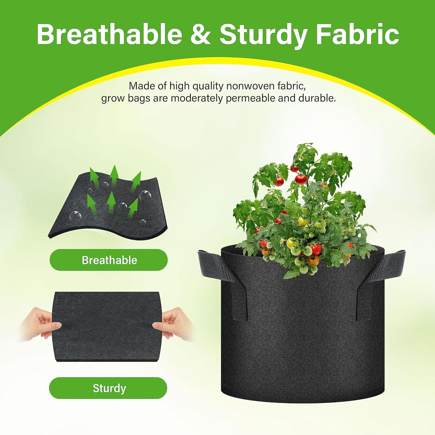 HealSmart 6-Pack 3 Gallon Nonwoven Grow Bags - Aeration Fabric Pots with Handles for Garden Fruits Vegetables Flowers - Black โ image 3