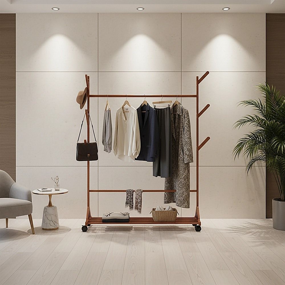 Portable Clothes Rack Coat Garment Stand Bamboo Rail Hanger Airer Closet โ image 3