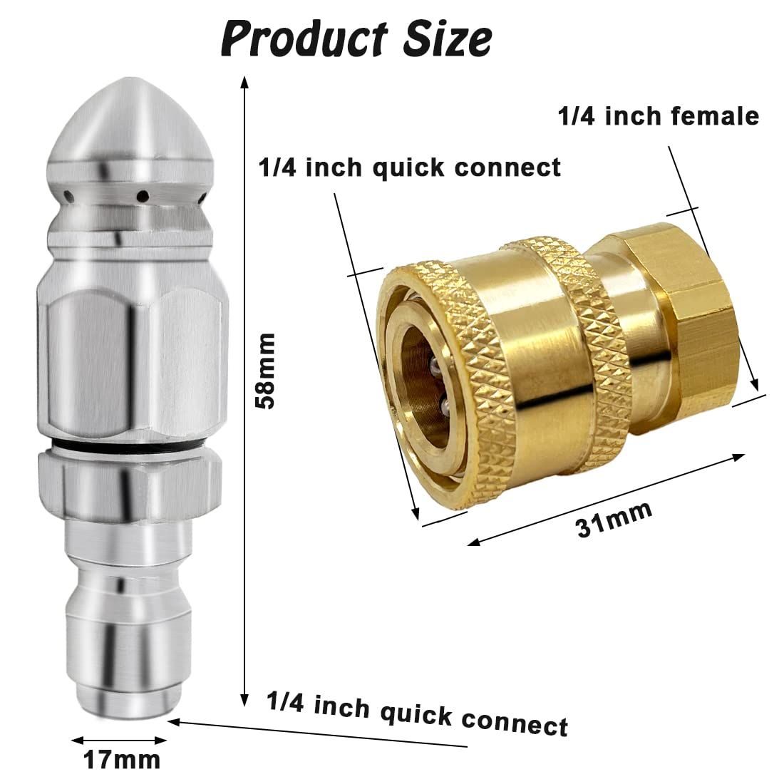 2 Pack 5000 PSI Sewer Jet Nozzle Stainless Steel 1/4 Inch Pressure Washer Drain Jetter Hose Nozzle and Brass Fittings Quick — image 2