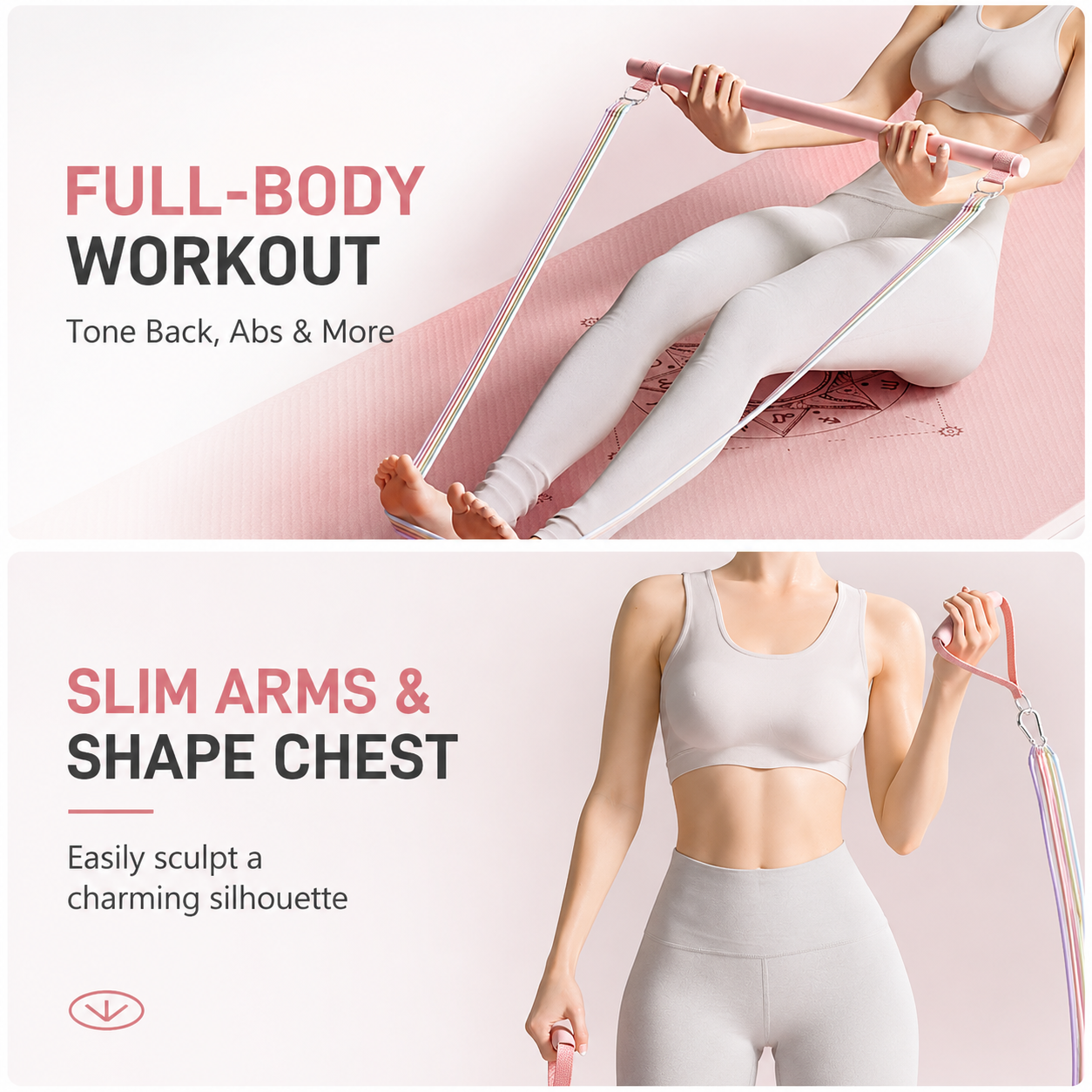 Women's Multifunctional 60 lbs Resistance Band Set with Storage Bag, Foam Handles and Ankle Straps for Home Fitness & Pilates Workout (Pink Macaron Carabiners — image 4
