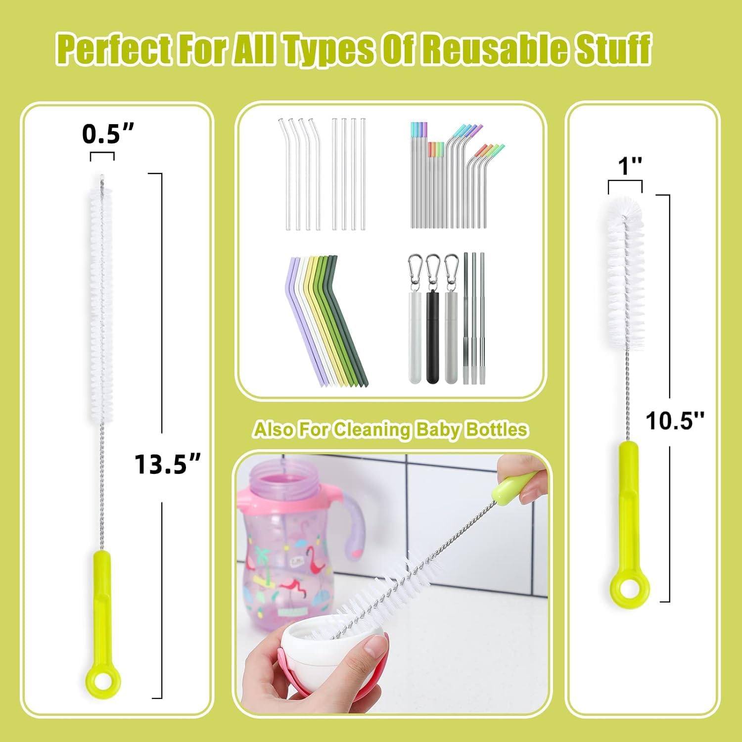 Bottle Cleaning Brush Set - Long Handle Bottle Cleaner for Washing Narrow Neck Beer Bottles, Sports Water Bottles with Straw Brush, Kettle Spout/Lid Cleaner — image 2