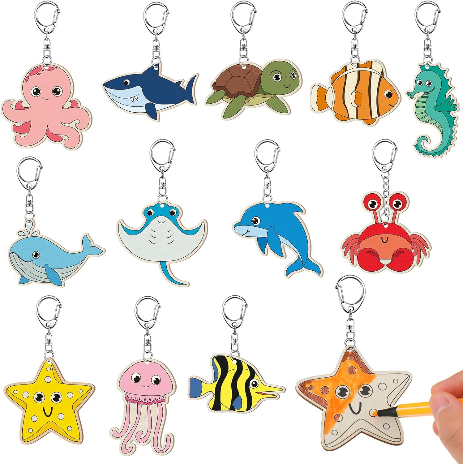 36 Pcs Sea Life Unfinished Wooden Keychains Color Your Own Unfinished Wooden Crafts Blank Wood Painting DIY Crafts for Home Activities Arts Project Decoration