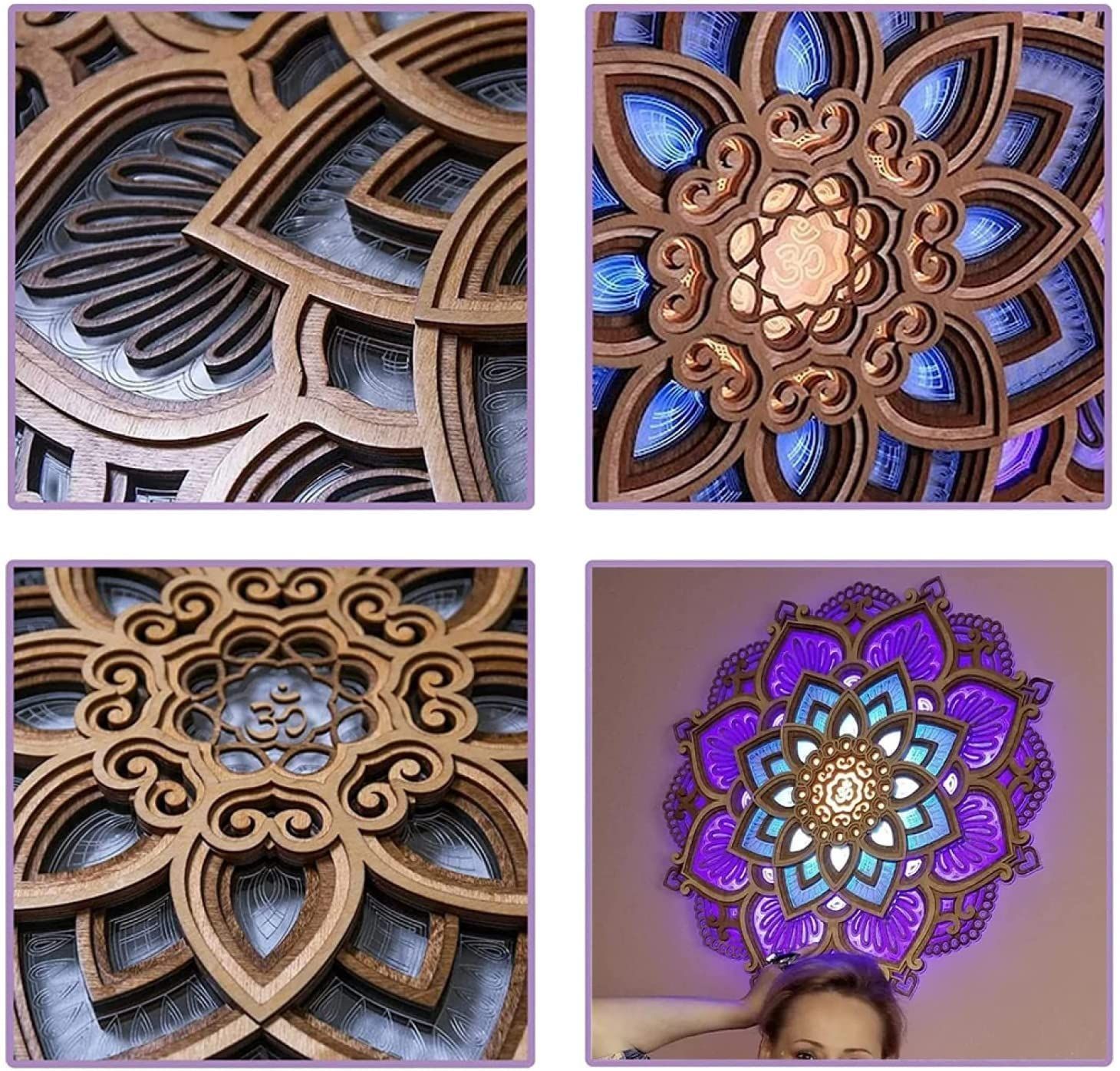 USB-Powered Mandala Atmosphere LED Night Light, Wood Carving Lotus Lamp for Stunning, Wooden Wall Art Home Decorations โ image 5