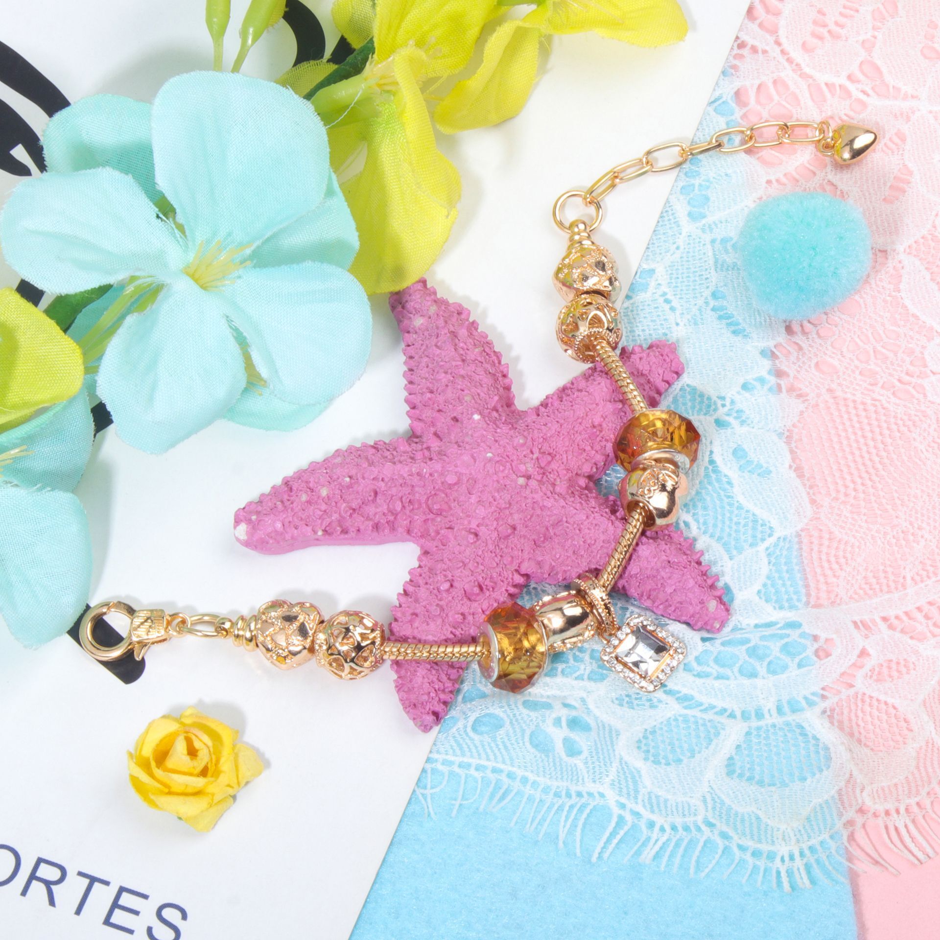 Golden Heart Zircon Hollow Bead Bracelet with Rhinestone Pendant(21cm) โ image 3
