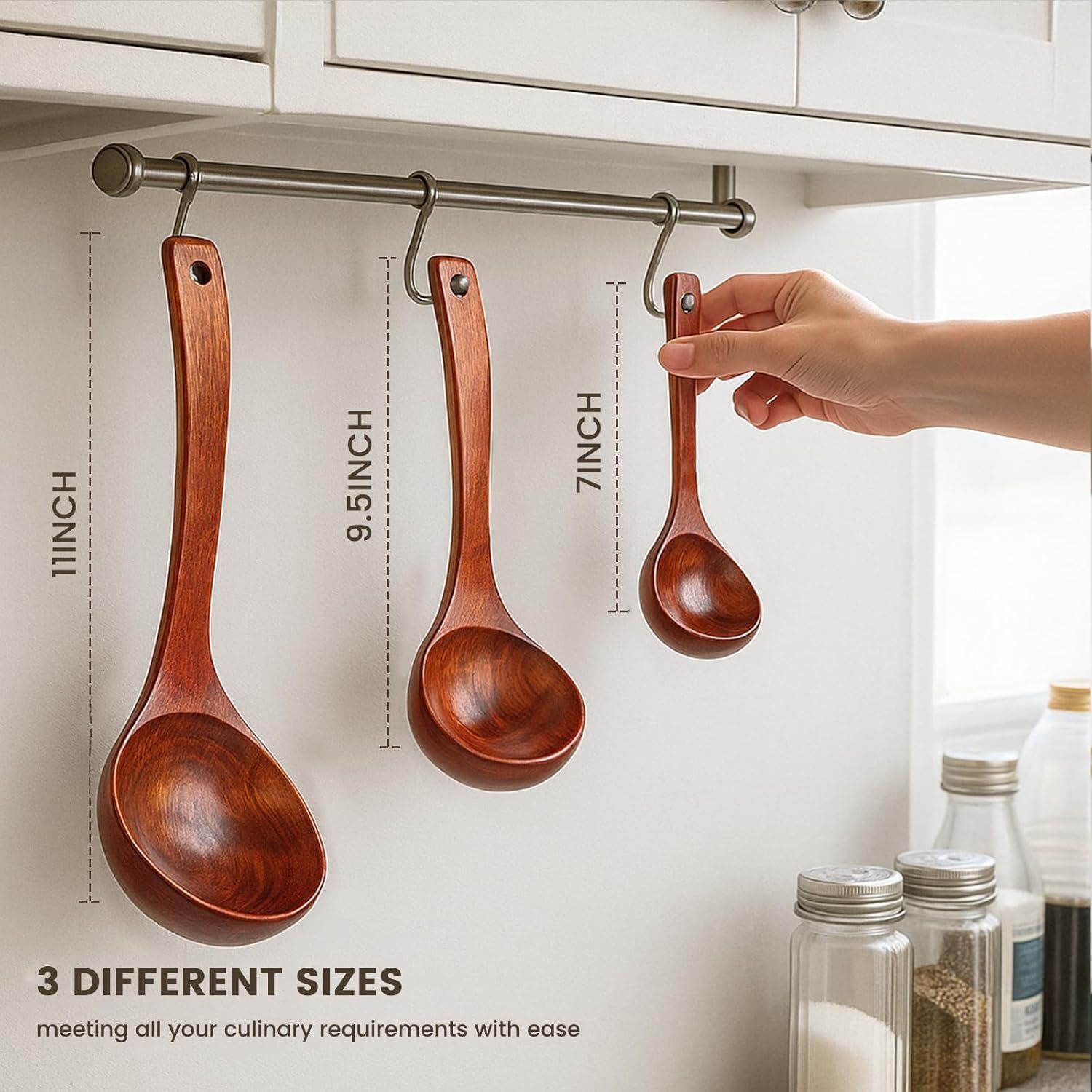 Wooden Ladle for Soup, 3 Size Wooden Spoons for Deep Pot & Bowl, Heat Resistant Handles, Non-Stick Wood Kitchen Utensils Set for Cooking, Serving and Stirring — image 3