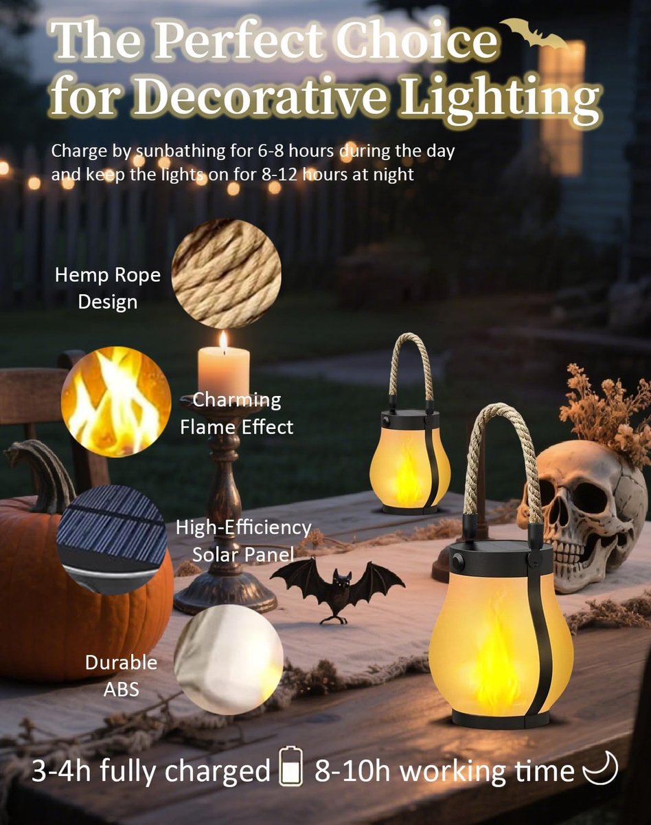 Outdoor solar lights - Solar garden lighting - Solar lantern - Dancing flame outdoor solar lanterns waterproof lighting - Hemp rope flame lamp - For camping — image 2