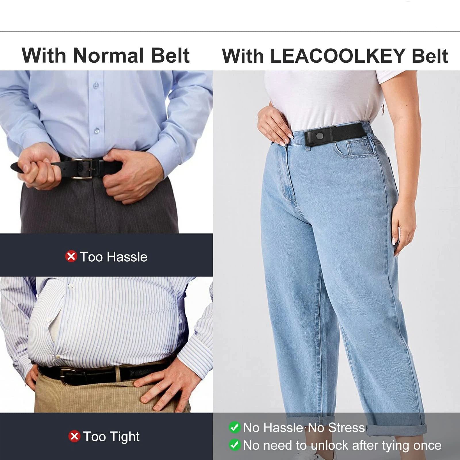 No Buckle Stretch Belt for Women/Men—2 Pack Elastic Invisible Belt for Jeans for side belts Install a side lazy waist belt(black) — image 5