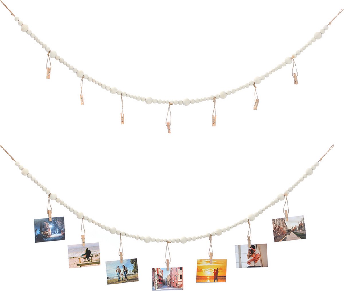 Photo Garland - Hanging Card/Photo Garland - Photo Rope 120 Cm - Photo Hanging Display With 7 Photo Clips - DIY Photo Frame - Wall Decoration - Boho Wooden