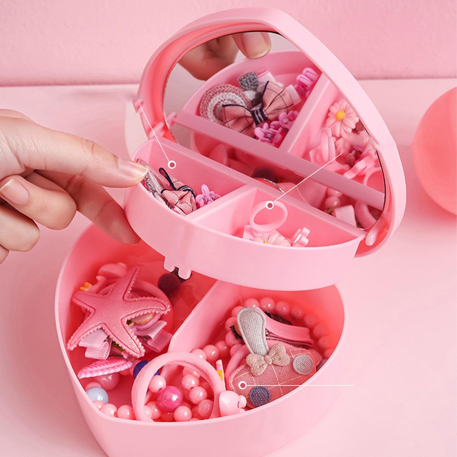 Girls Jewelry Box, 2 Layer Holder Organizer Heart Shape Portable Case with Mirror Travel for Earrings Rings Necklaces โ image 2