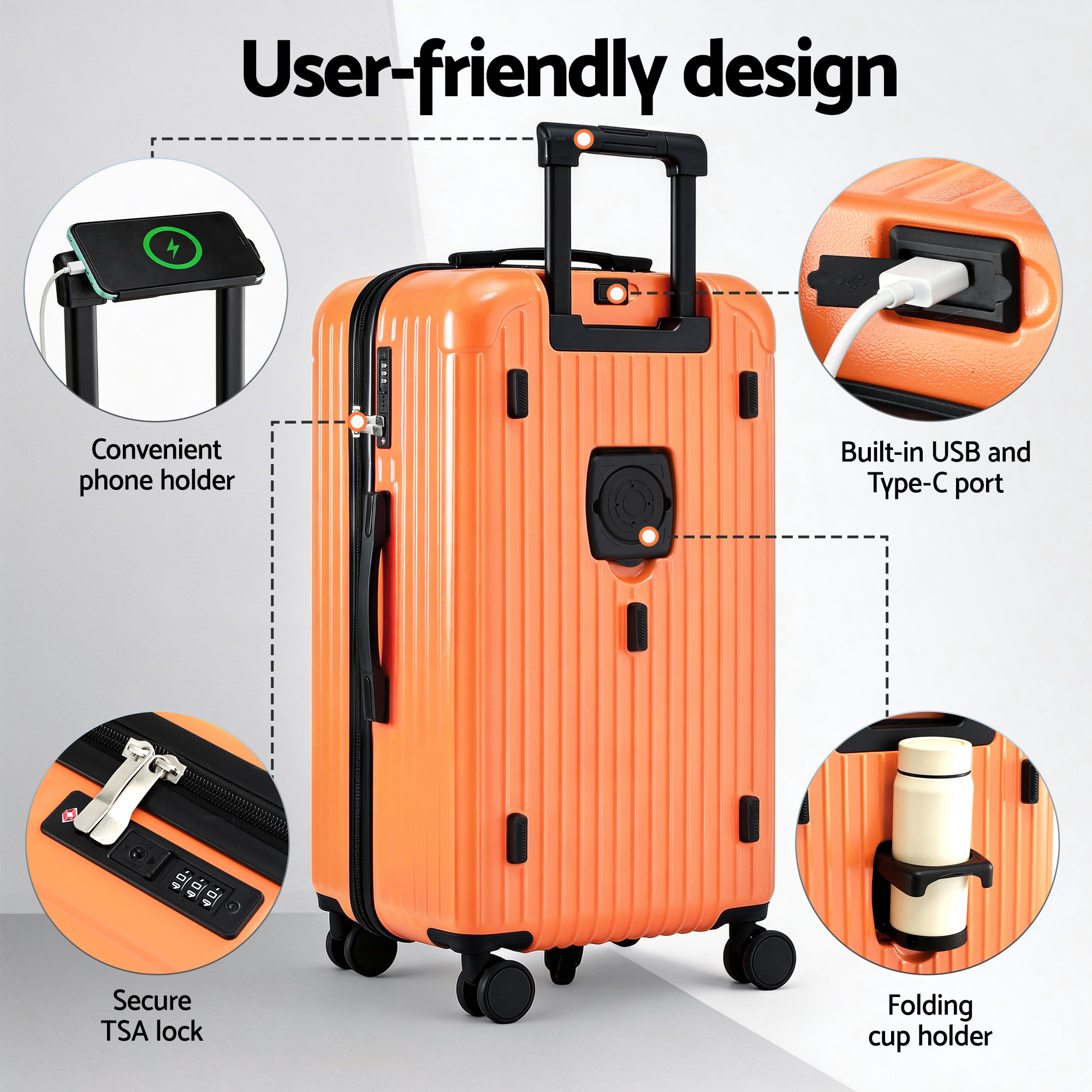 Wanderlite 28" Trunk Luggage Suitcase Travel 5 Wheels Type-C Port TSA Orange — image 5