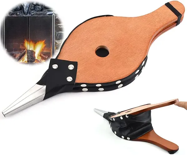 Fireplace Bellows with Metal Nozzle, Wood and PU Leather Air Blower for Fireplaces, Grills, Charcoal BBQs and Camping, Brown