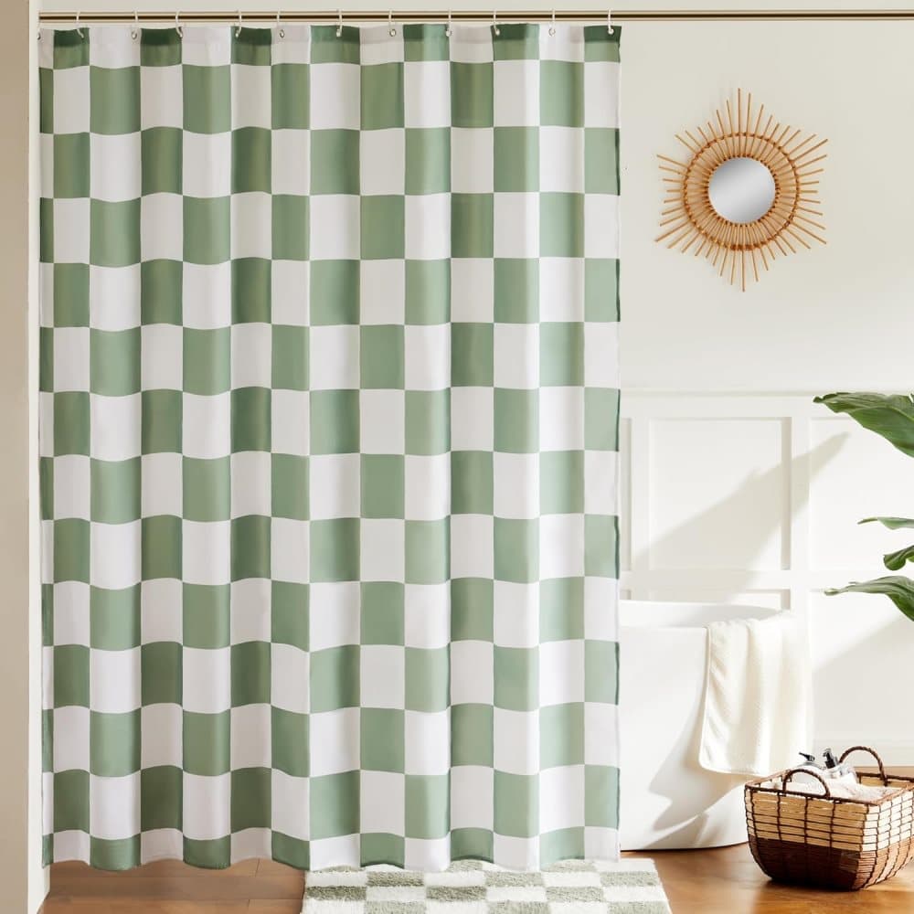 Green Checkered Shower Curtain with Retro Chess Pattern, 180 × 180 cm