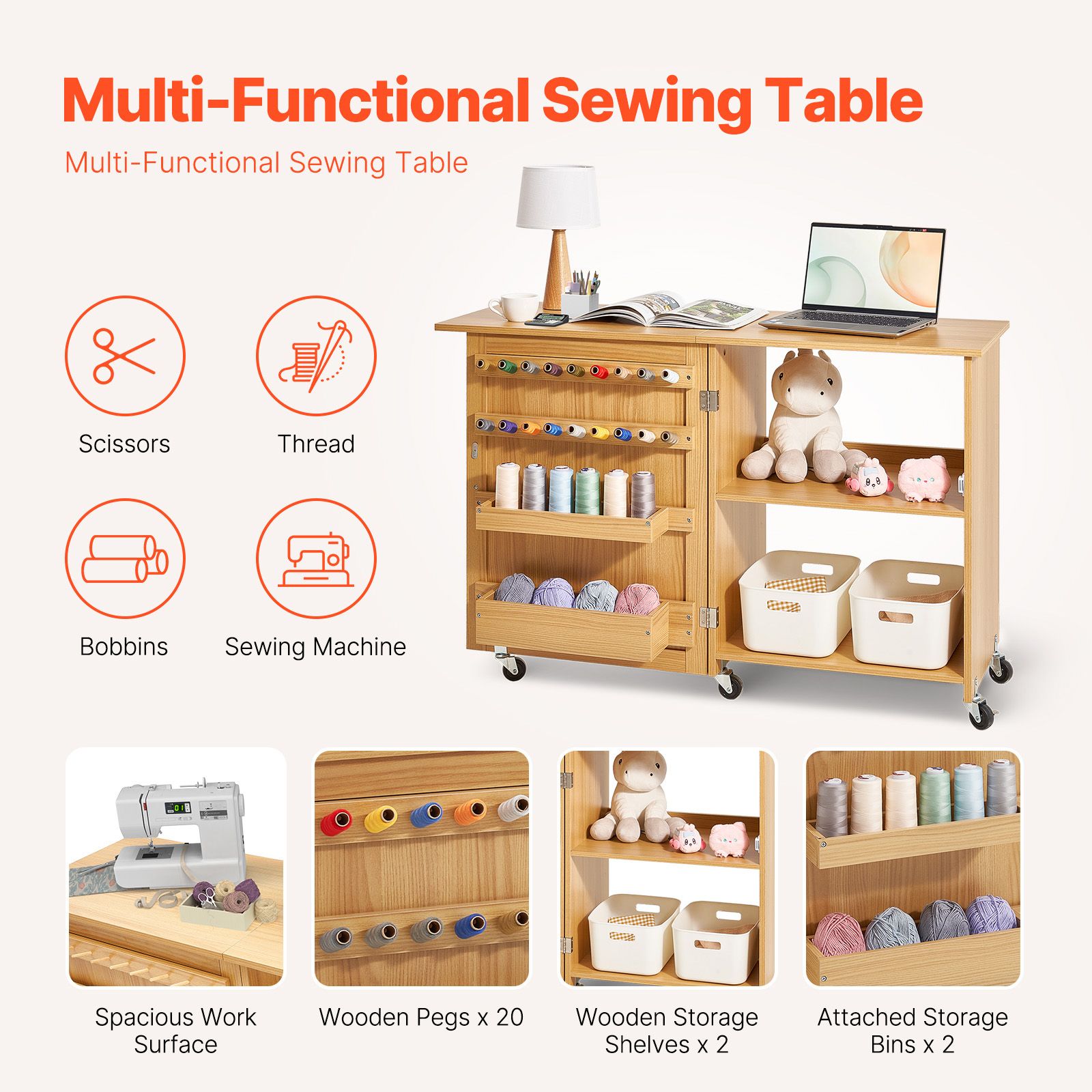 Folding Sewing Table with Lockable Wheels Shelves Trays Door Wood Color โ image 2
