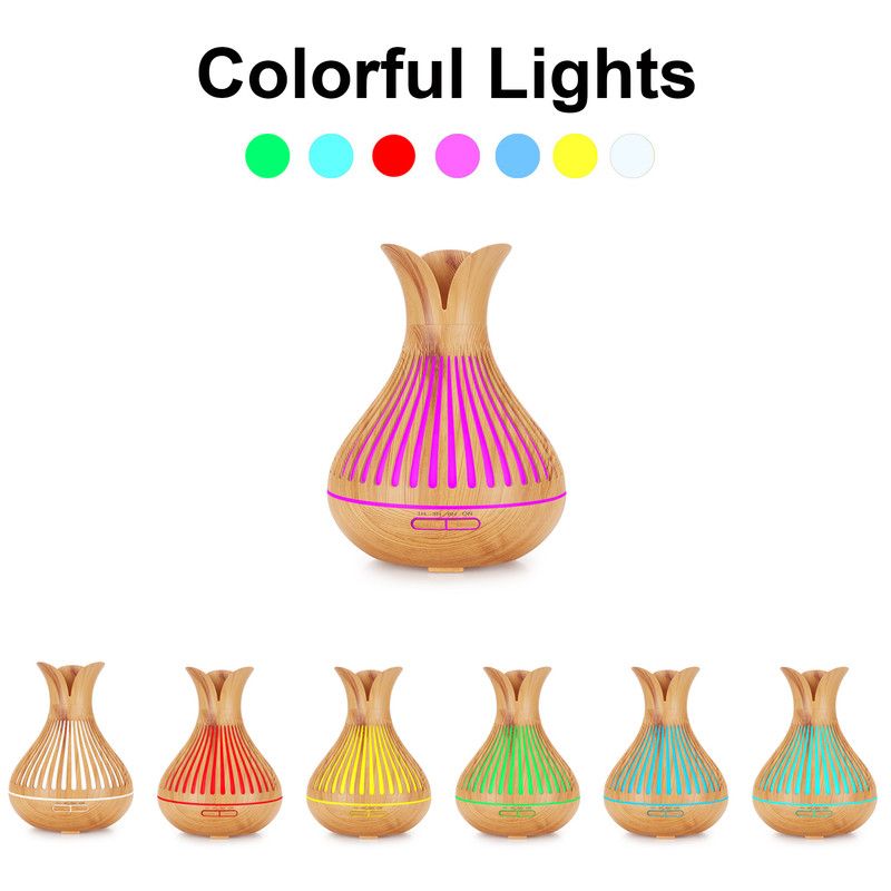 Wood Grain Flower Vase Diffuser and Humidifier, 7-Color LED Light, Timer, and Remote Control, 500 mL Ultrasonic Aroma Diffuser—Light Wood — image 3