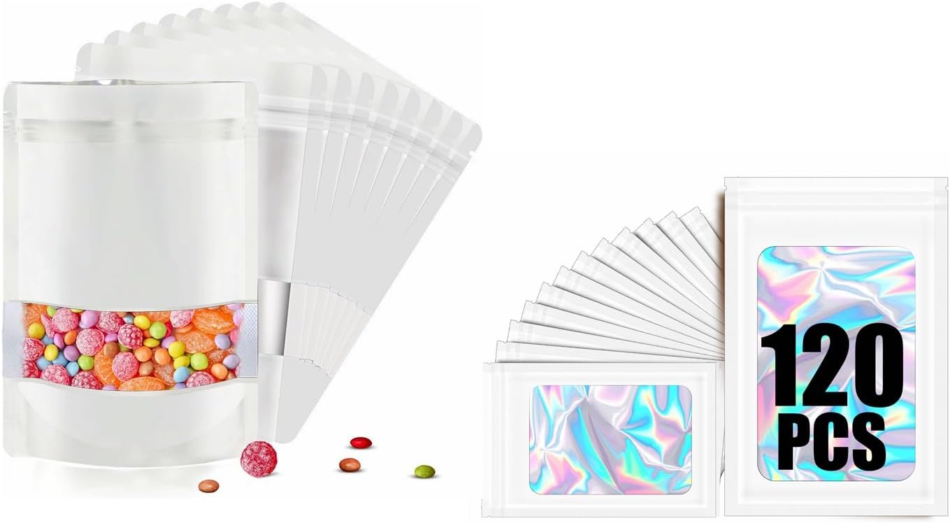 120pcs Mylar Bags for Food Storage+120pcs Holographic Packaging Bags(white)