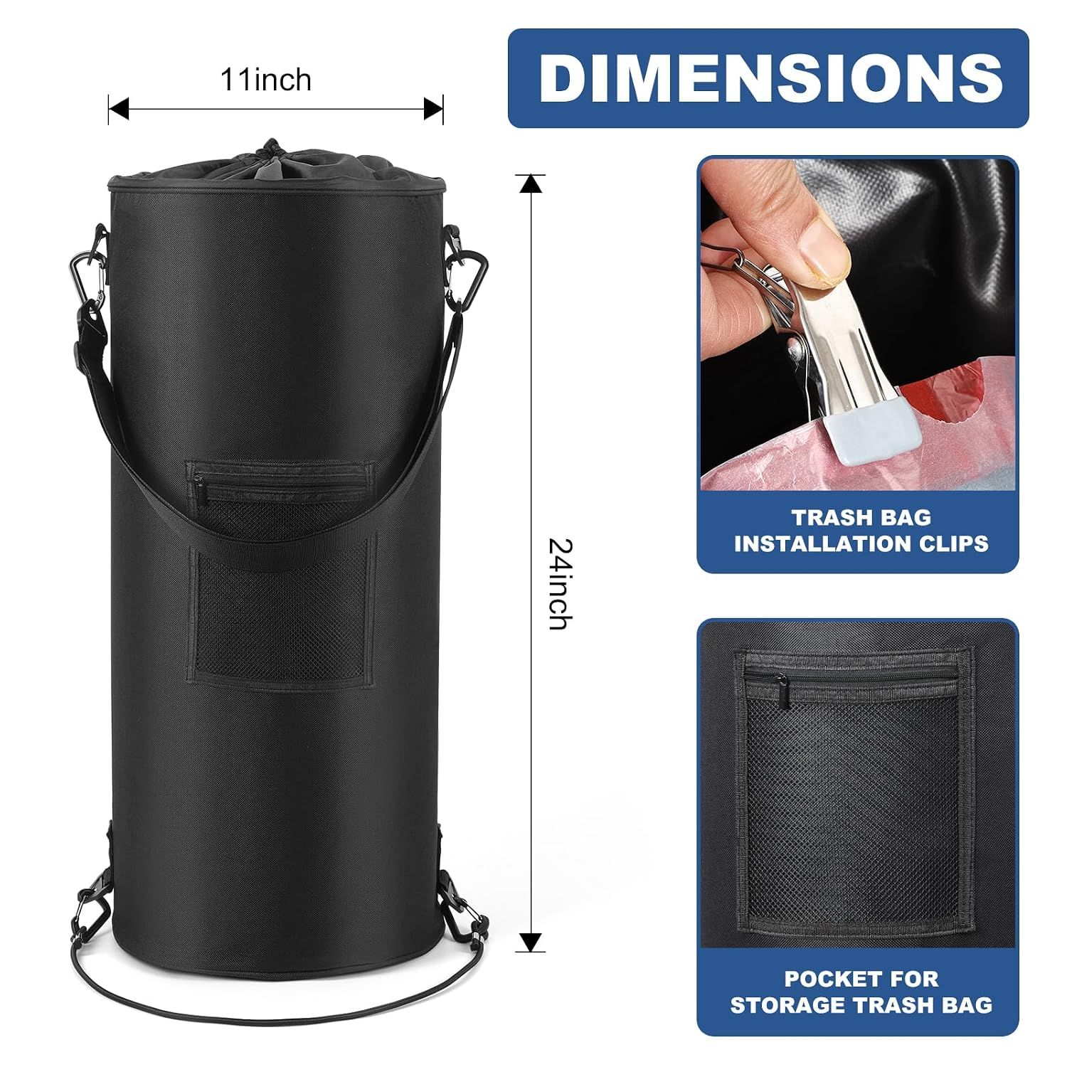 13 Gallon (49L) Waterproof Marine Trash Bag Holder with 6 Clips and Pocket, Reusable Waste Bin for Boat, Fishing, Sandbars & Camping, Black — image 2