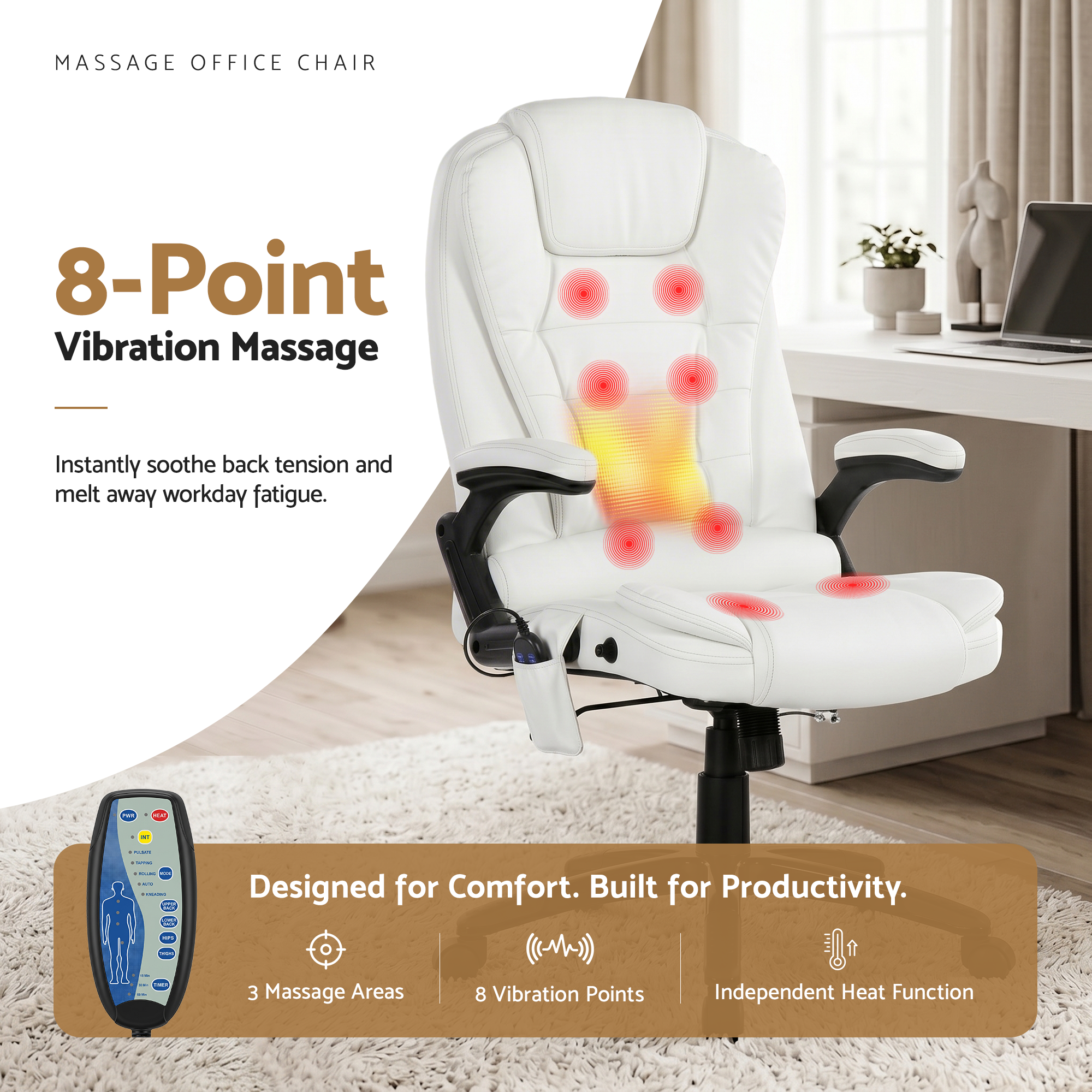 Artiss 8 Point Massage Office Chair Heated Seat Recliner PU White — image 4