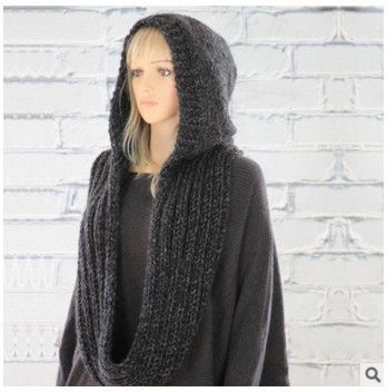 Women Winter Hooded Knit Scarf - Warm Solid Color Cape Scarf Wrap with Hood - Soft Acrylic Winter Neck Warmer for Cold Weather - Dark Gray โ image 2