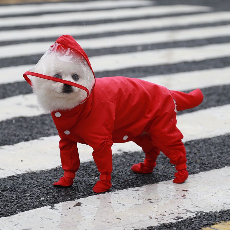 Red M size Full Coverage Pet Raincoat Jumpsuit Waterproof Dog Rain Suit with Attached Shoes and Tail Cover-Lightweight Hooded Dog Poncho for Small Dogs