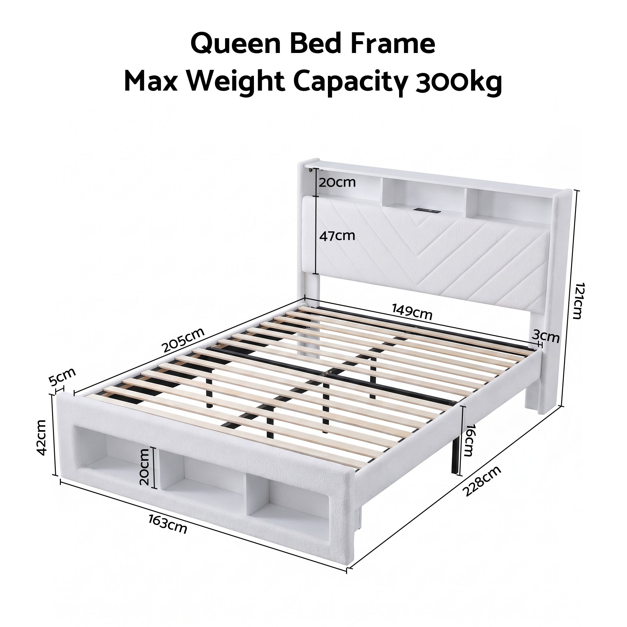 Artiss Queen Bed Frame with Storage Charging Station & LED White — image 3