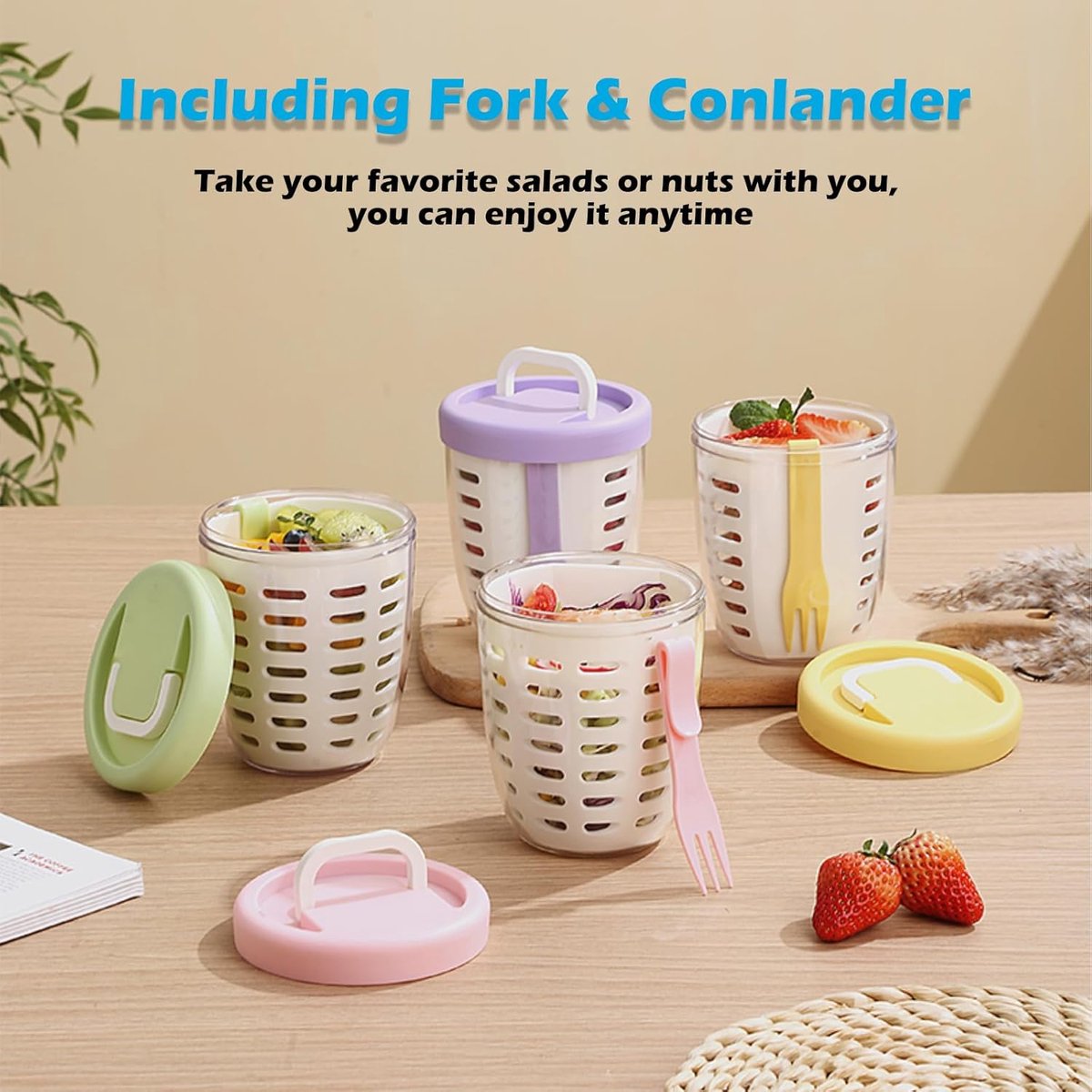 Fruit Bowl - Salad Bowl - Leakproof reusable food container with lid and draining basket - Suitable for work, school, and travel. - 650 ml (Yellow) — image 2