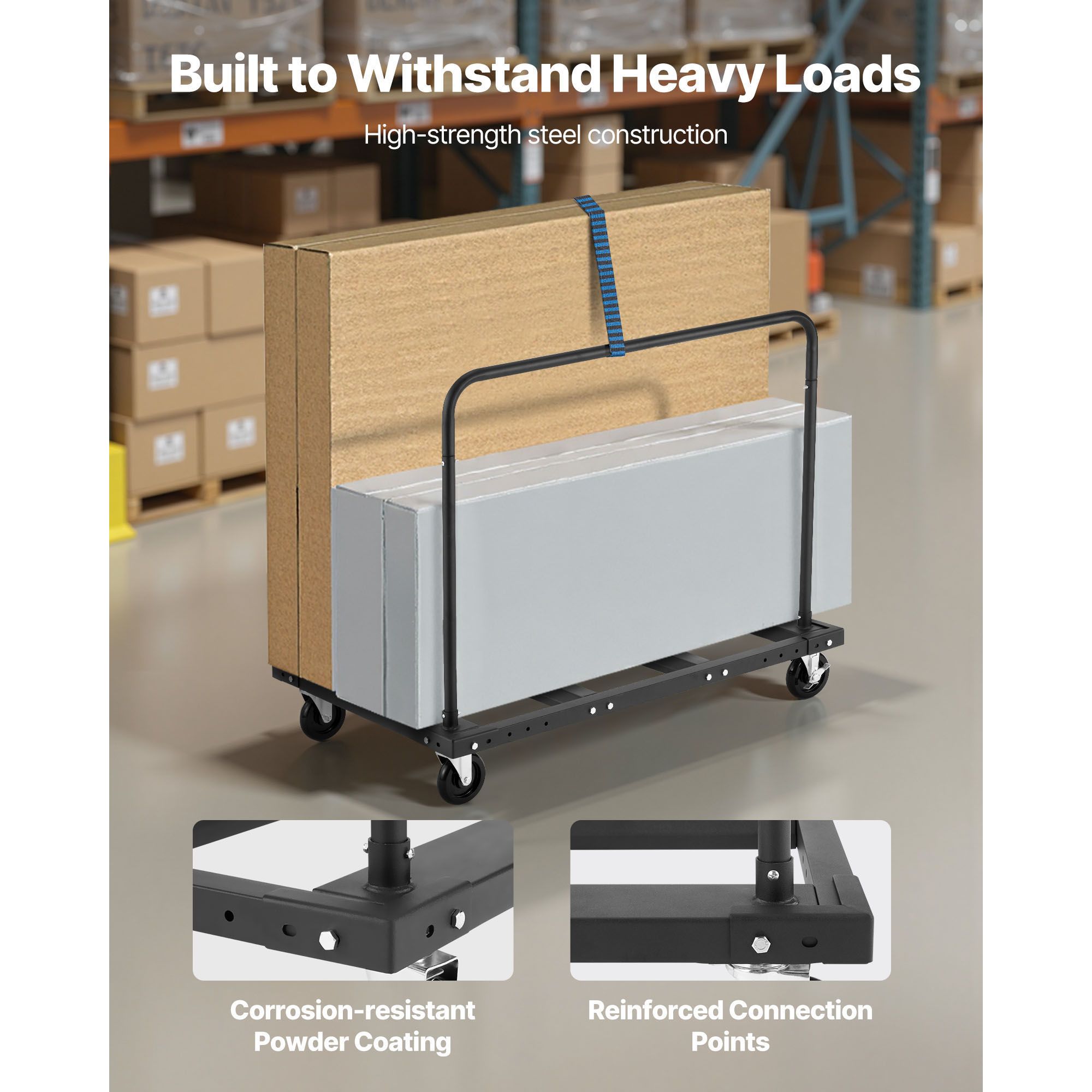Drywall Cart Dolly, 816 kg Load Capacity, Steel Panel Truck Cart with 12.5 mm Swivel Casters, Lumber Drywall Dolly with Tie-Down Strap & 2 Side Handrails for — image 5