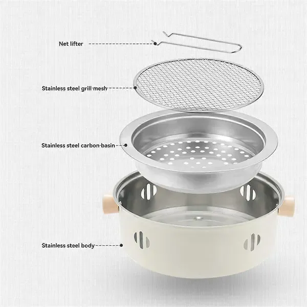 1 Piece Round Charcoal Grill Stove, Multifunctional Stainless Steel Portable BBQ for Outdoor Camping and Home Cooking, 28 cm
