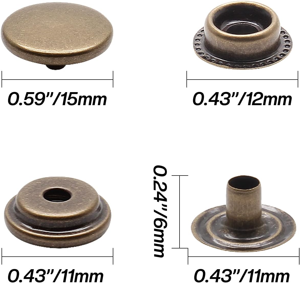 Biaungdo 200pc 15mm Heavy Duty Snap Fasteners Kit, Metal Leather Snap Button Press Stud Cap for Canvas, Marine, Boat, Bronzer (4 Components, 50pc Each) โ image 2