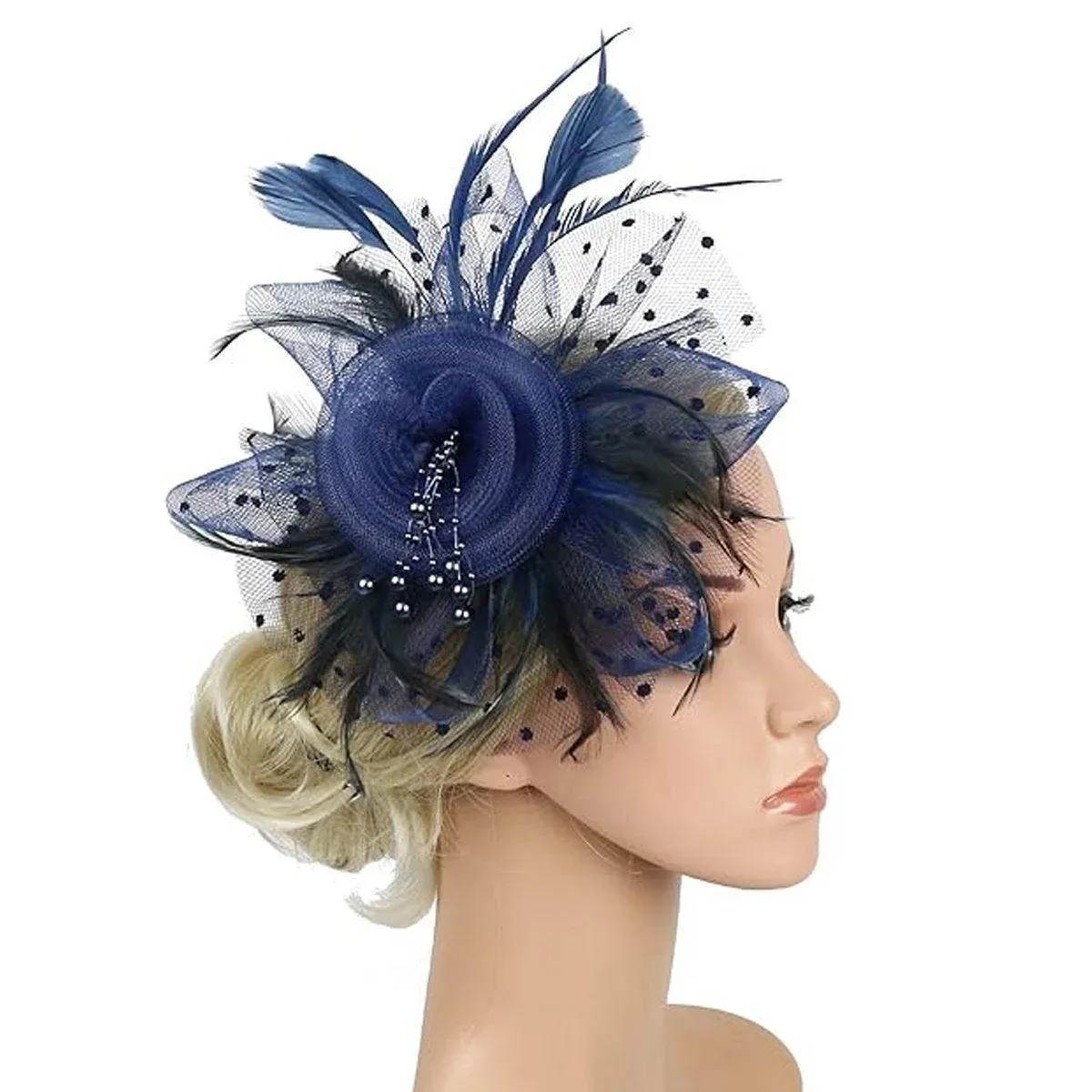 Blue Vintage Bridal Headdress Feather Flower Mesh Hair Accessories for Cheongsam — image 5
