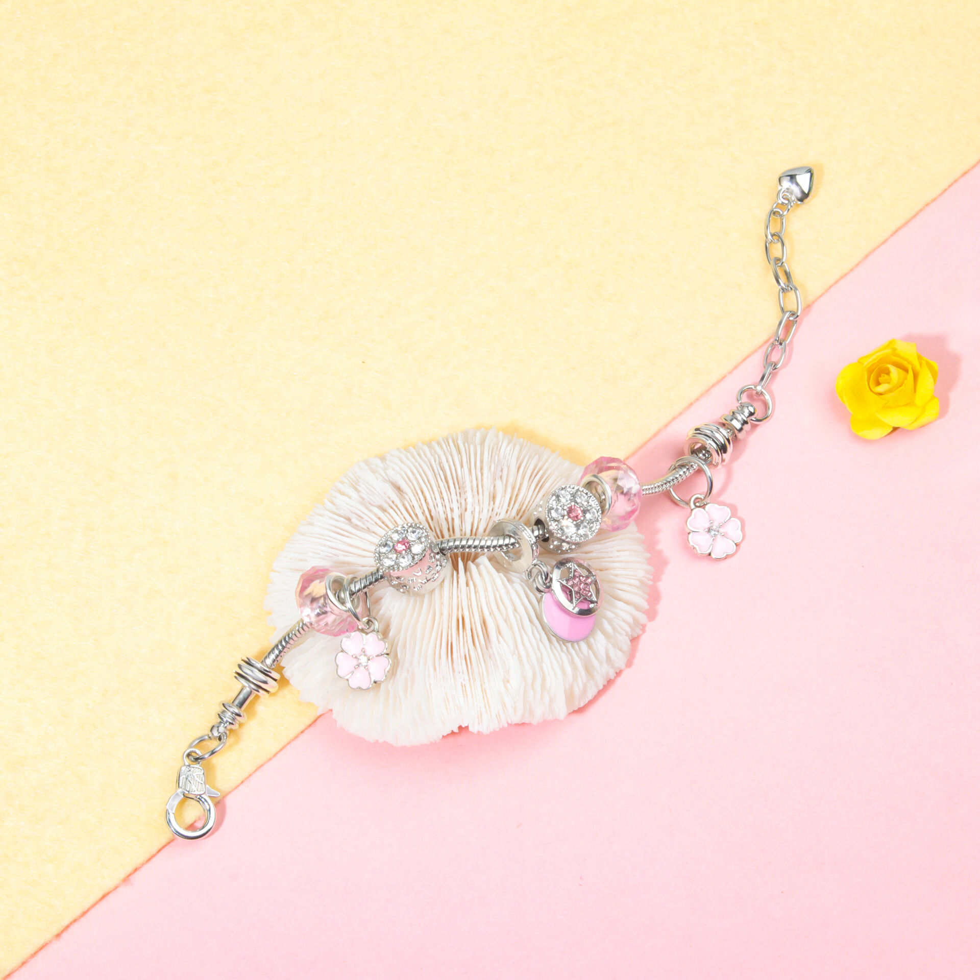Chic Pink Crystal Beaded Bracelet with Magnolia & Star Pendant(19cm) โ image 4
