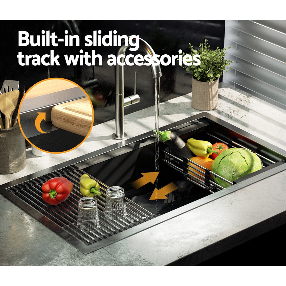 Cefito Kitchen Sink 81X45CM Stainless Steel Single Bowl Drain Rack Basket Black — image 5