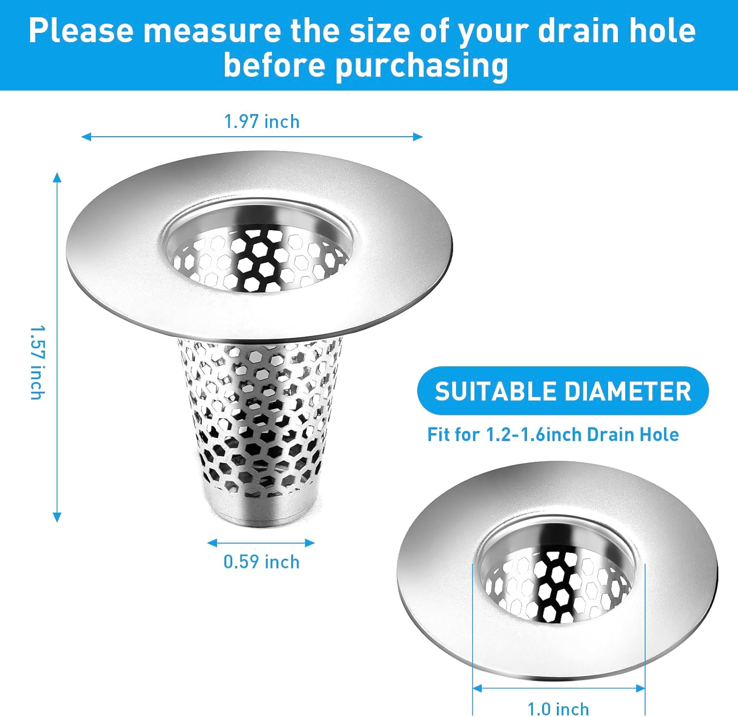 2PCS Bathroom Sink Drain Strainers, 1" Small Conical Premium Stainless Steel Porous Hair Catcher, Drainer Filter, Fit for 1.20"-1.60", Depth Than 1.60" Drain — image 2