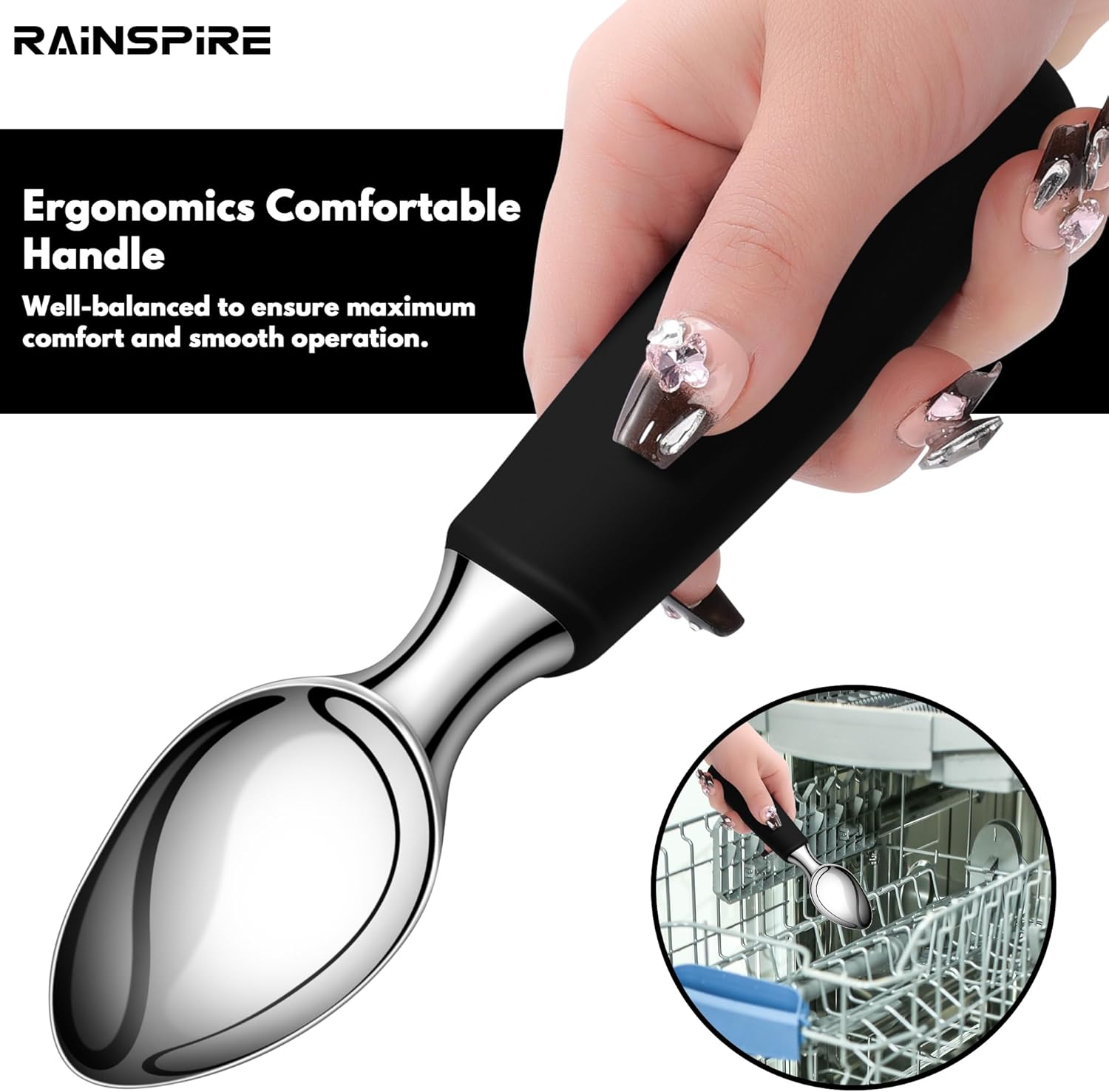 Ice Cream Scoop Stainless Steel, Ice Cream Scooper Professional Large Ice Cream Scoops With Non-Slip Rubber Handle, Ice Cream Spade for Cookie Dough, Gelato β image 4