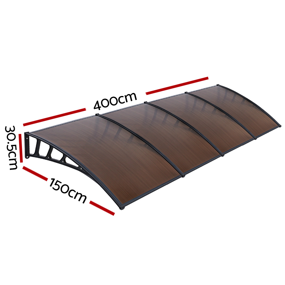 Instahut Window Door Awning Canopy 1.5mx4m Brown Sheet Black Plastic Frame โ image 2